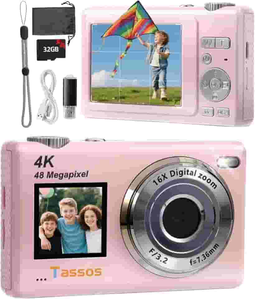 Câmera digital, câmera para vlogs, câmera fotográfica 48MP 4K - Câmera digital compacta com tela dupla, cartão de 32 GB, zoom digital de 16x e estabilizador de imagem para e iniciantes. (Rosa)