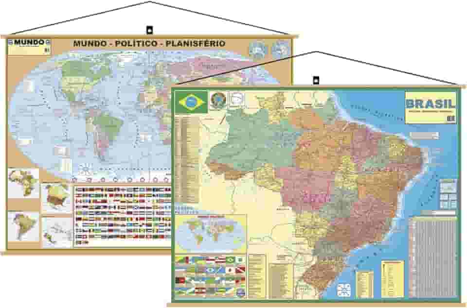 kit com 2 Mapas - 1 Brasil + 1 Mundi Banner Laminado Pronto para Pendurar - Atualizado