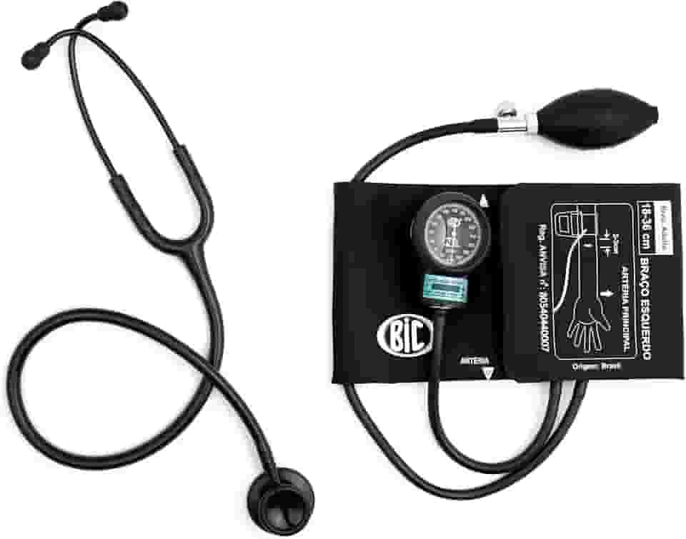 Kit Esfigmomanômetro + Estetoscópio Duplo Bic Com Estojo (Preto Total)