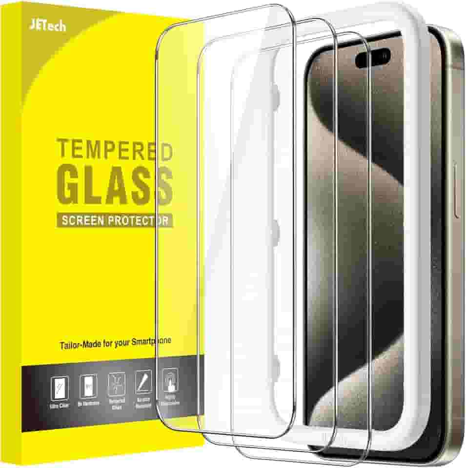 JETech Película de Vidro Temperado para iPhone 15 Pro Max 6,7 Polegadas, Protetor de Tela com Ferramenta, Compatível com Capa, HD Claro, Pacote de 3 Unidades