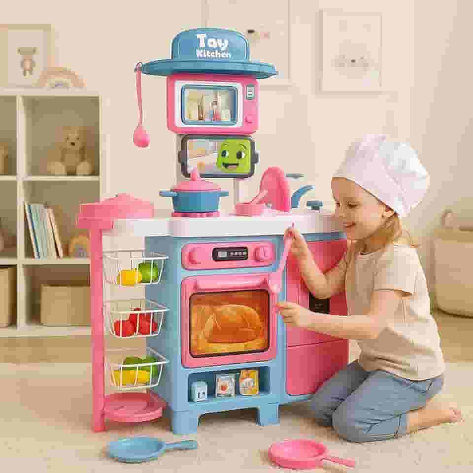 Cozinha Infantil de Brinquedo com Torneira que Sai Água Acessórios Brincar de Casinha Fogão Geladeira Frutinhas Panelinhas Presente Educativo Menina 3 Anos