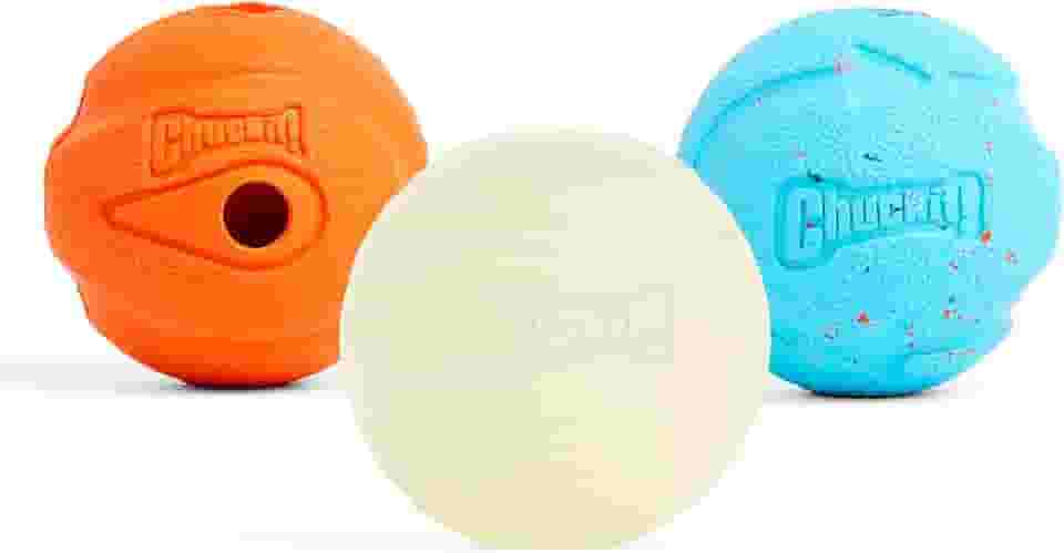 Chuckit Fetch Medley Dog Ball Brinquedos para cães, tamanho médio (6,3 cm), pacote com 3, para raças médias, inclui bolas de Whistler, Max Glow e Rebounce Balls