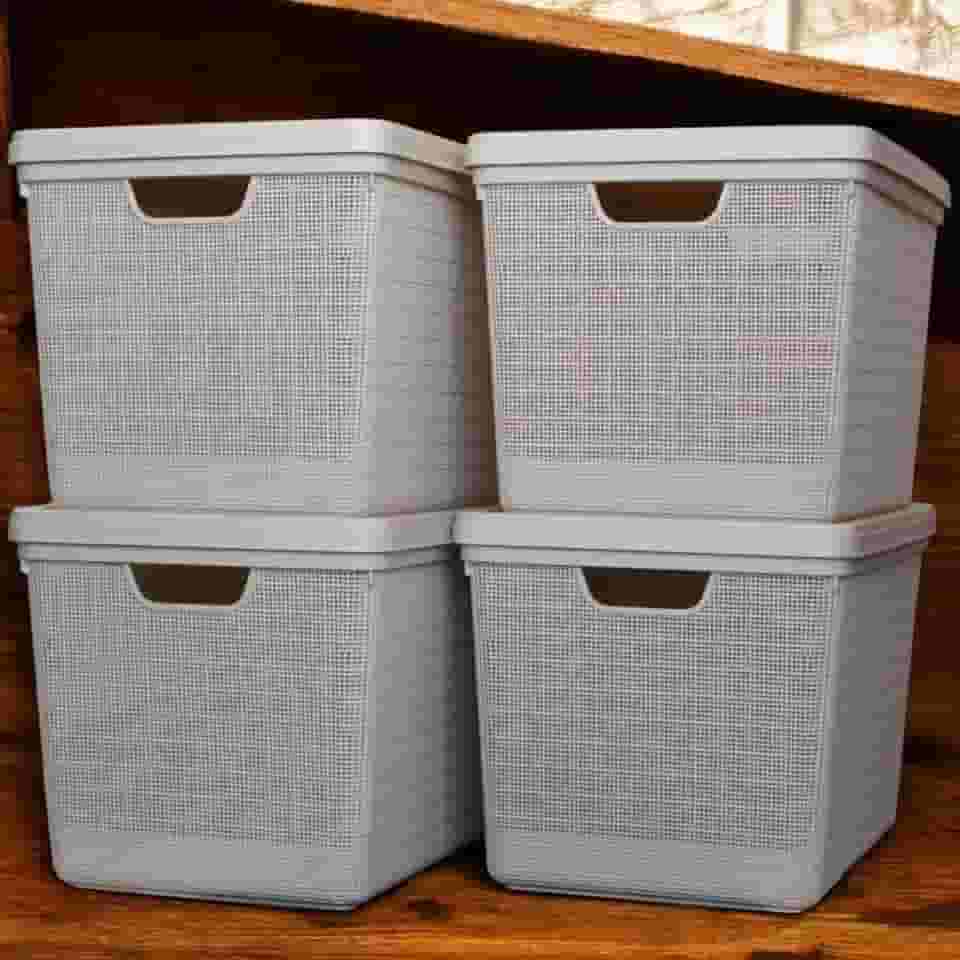 Kit 4 Caixas Organizadoras Plásticas 22L com Tampa Empilháveis para Organização de Cozinha Banheiro Escritório (Bege)