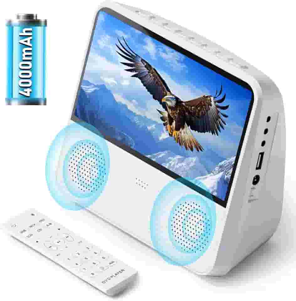 TODANGAI Leitor De Dvd Portátil Com Tela, 7' Para Carro, Bateria Recarregável 4000 Mah, Alto-Falantes Alta Fidelidade Integrados, Controle Remoto/Bluetooth/Usb/Porta Auxiliar/Sincronização Tv/Reprod