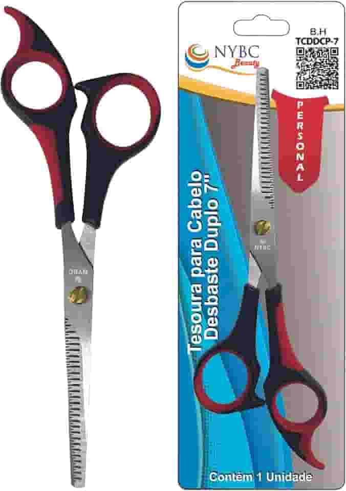 NYBC Beauty Tesoura Profissional para Desbaste Duplo, 7" Polegadas, Cabo Vermelho e Preto, Leve e Eficiente, Para Uso Doméstico e Profissional