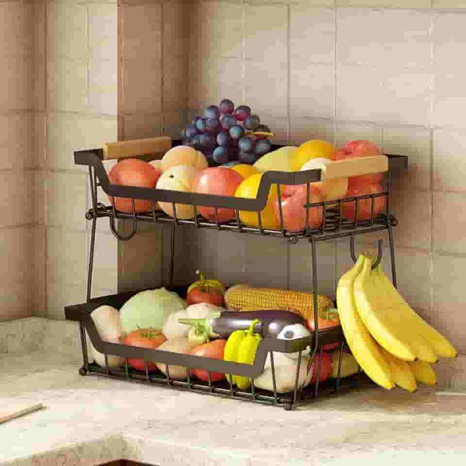 Fruteira De Mesa Organizador De Frutas, Cesto de Frutas de Metal de 2 Níveis, Cesta de Armazenamento de Frutas de 2 Níveis com Alça, Fruteira de Cozinha para Armazenar Verduras e Frutas