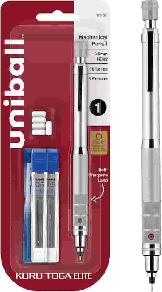 Uniball Kuru Toga Elite Kit para Iniciante de Lapiseira com Barril Prata e Ponta de 0,5 mm, 60 Recargas de Grafite e 5 Recargas de Borracha, HB #2, Material de Escritório, Material Escolar, Desenho