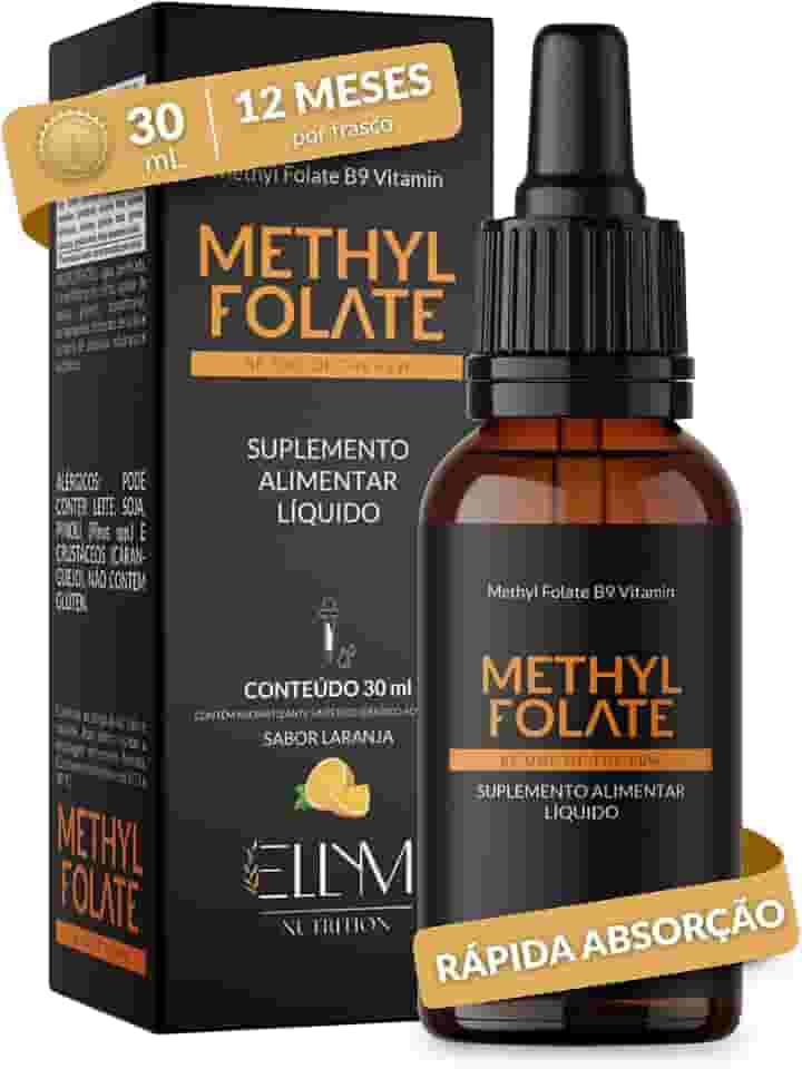 Vitamina B9 Metilfolato em Gotas Sublingual 30 mL ELLYM NUTRITION Sabor Laranja O Ácido Fólico Auxilia na Formação do Tubo Neural do Feto Durante a Gravidez (30 mL)