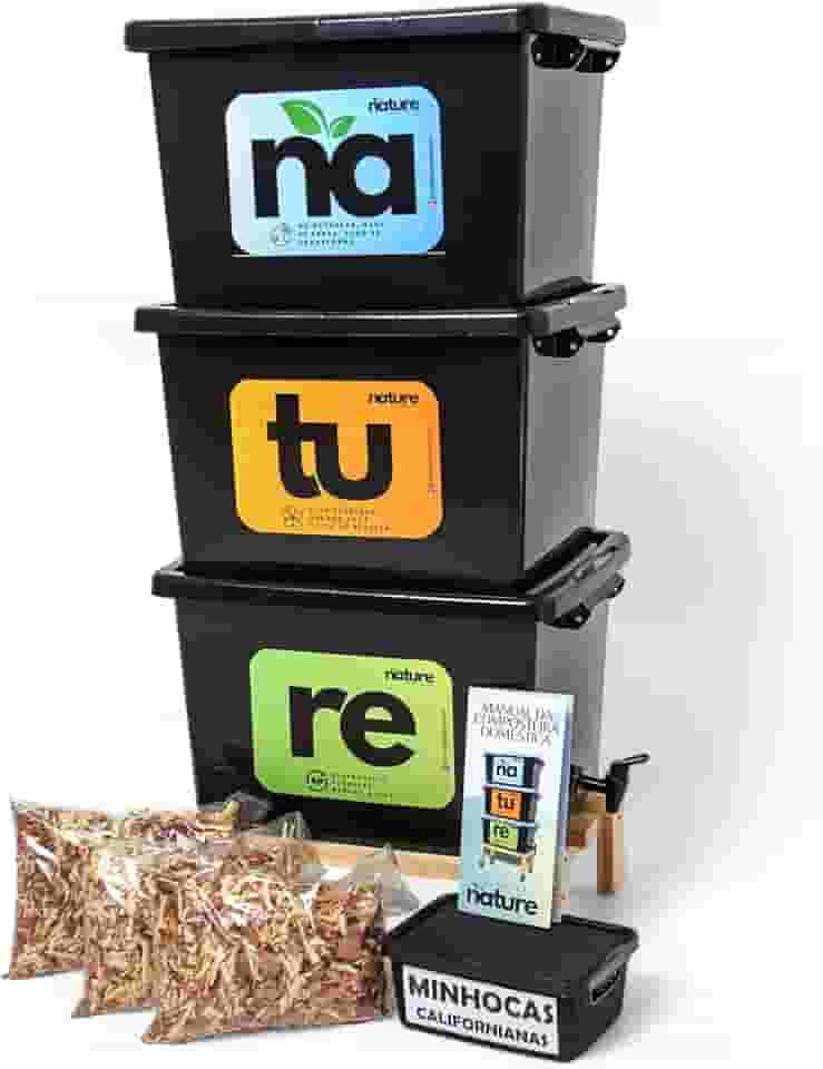 Composteira Doméstica 90 L Jardim e Casa Com 100 Minhocas e Suporte de madeira