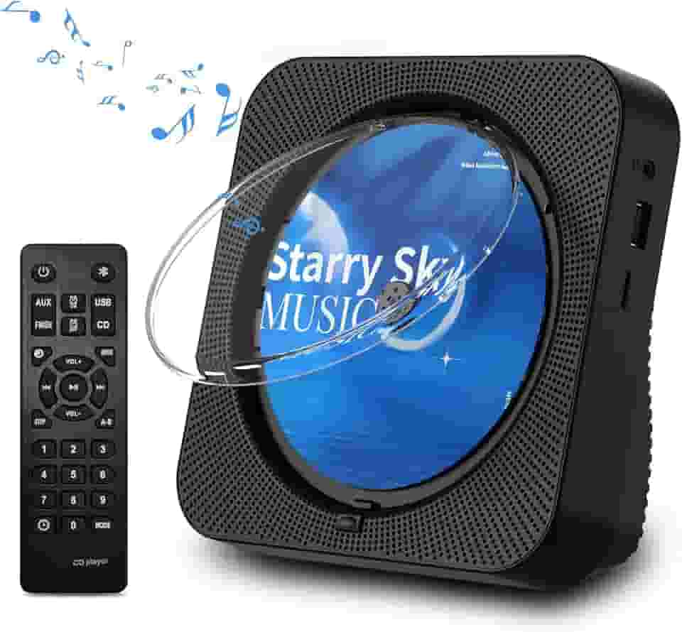 Leitor de CD portátil Bluetooth 5.1 Desktop CD Player com alto-falantes de som HiFi, controle remoto, capa contra poeira, display LED, rádio FM Boombox, USB/AUX para casa, crianças (preto)