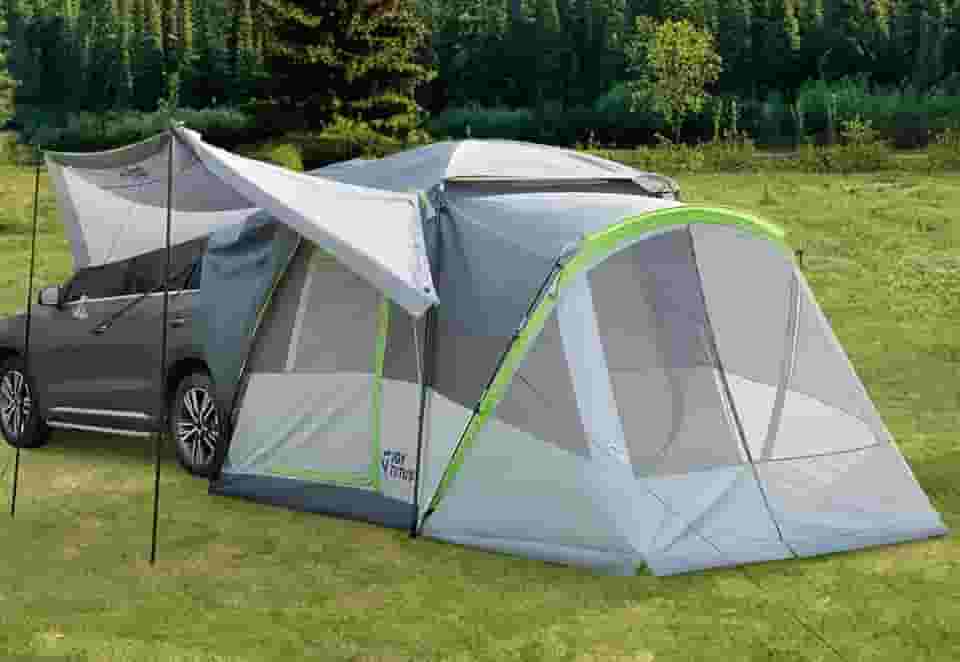 JOYTUTUS Tenda SUV com varanda de tela e toldo para acampamento familiar, 60% mais barraca de carro espacial para 5-9 pessoas, SUV de uso duplo ou acampamento com Rainfly, porta dupla, teto de céu