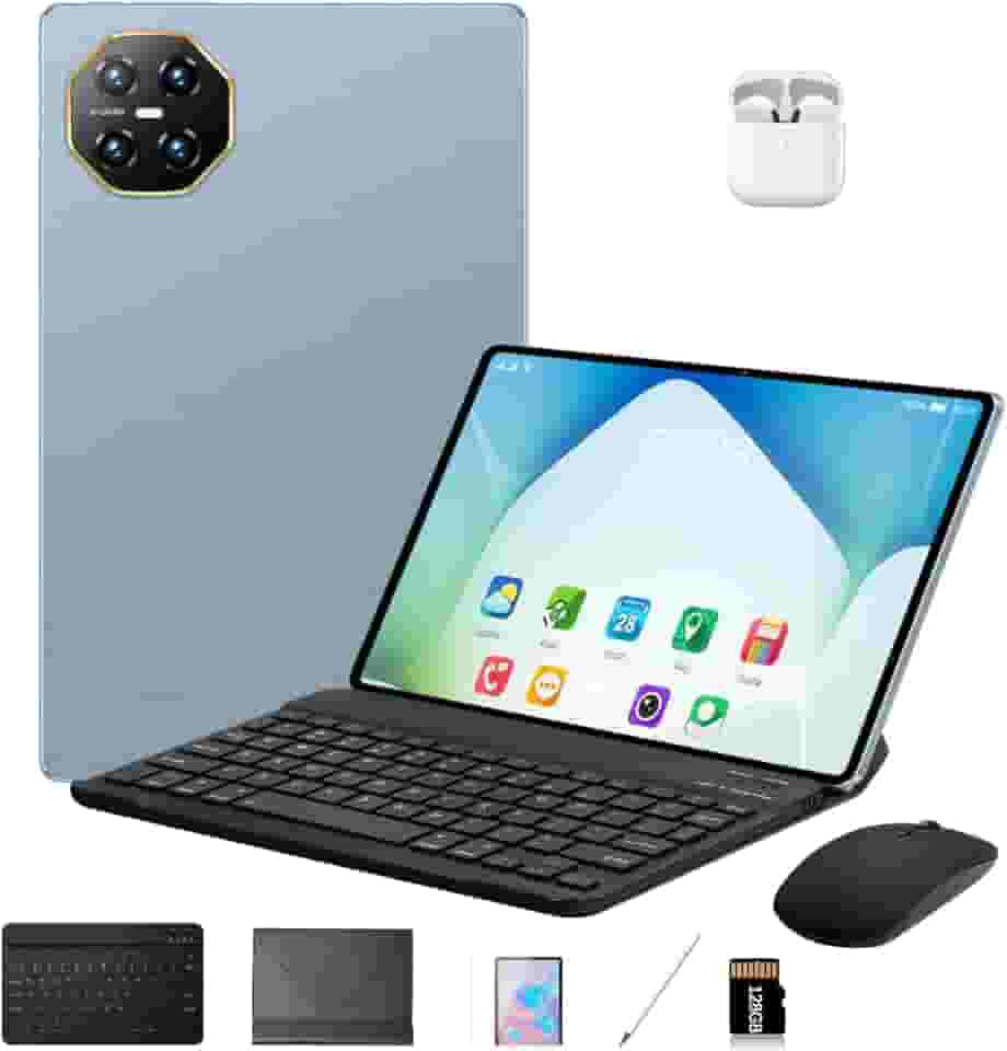 DIVENT-Tablet 3 em 1 com estojo/teclado/mouse/fone de ouvido, 10,1 polegadas, Android 14, 16GB de RAM + 512GB de ROM, câmera de 16MP + 32MP, GPS, Bluetooth, bateria de 8800 mAh, Dual-SIM (Azul)