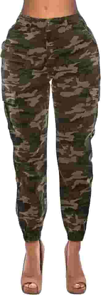 Calça jogger feminina de cintura alta com jeans duplo – calça de moletom casual com cintura elástica cargo afunilada com 6 bolsos