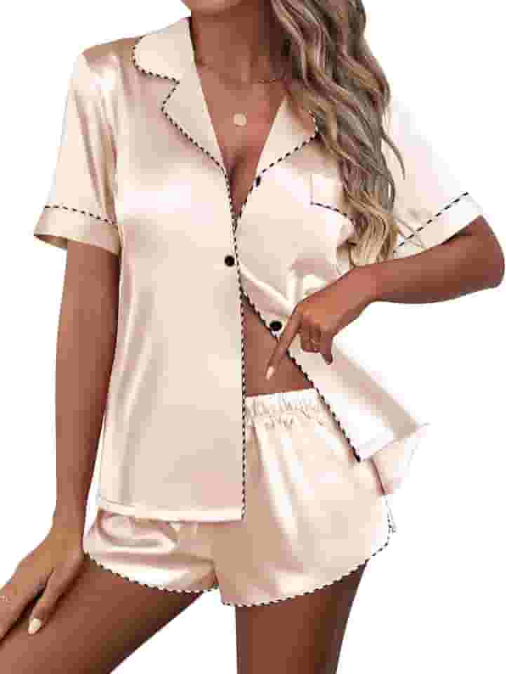 Conjunto de pijama feminino de cetim de seda e manga curta, conjunto de pijama com botão, 2 peças, roupa de dormir, roupa de dormir P-2GG