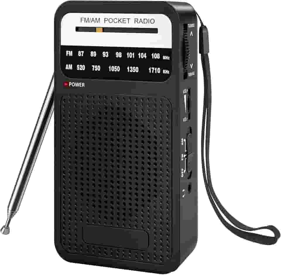 Rádio portátil AM FM com recepção de longo alcance, rádio transistor Goodes com alto-falante, conector de fone de ouvido, 2 pilhas AA, alto-falante alto, adequado para uso interno, externo e de