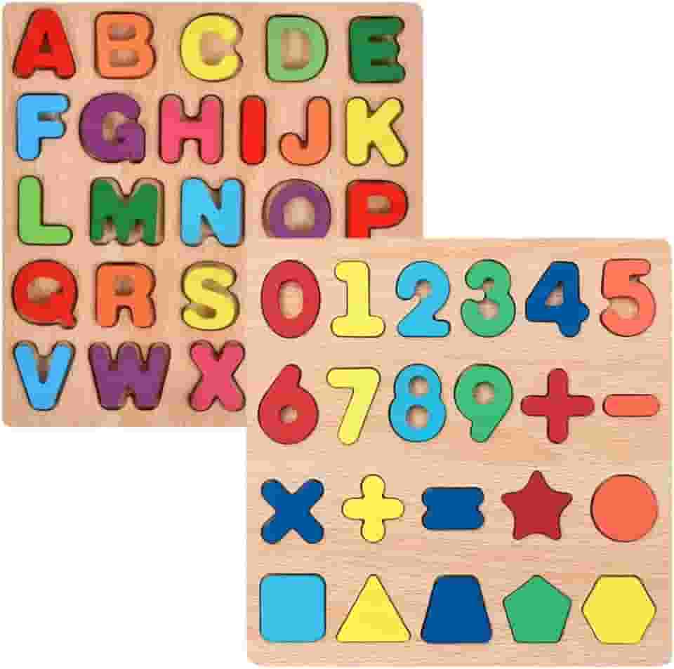 Kit 2 Tabuleiros Educativos Montessoriano em Madeira, Alfabeto, Números e Formas, Colorido, Brinquedo Pedagógico para Aprendizagem Infantil