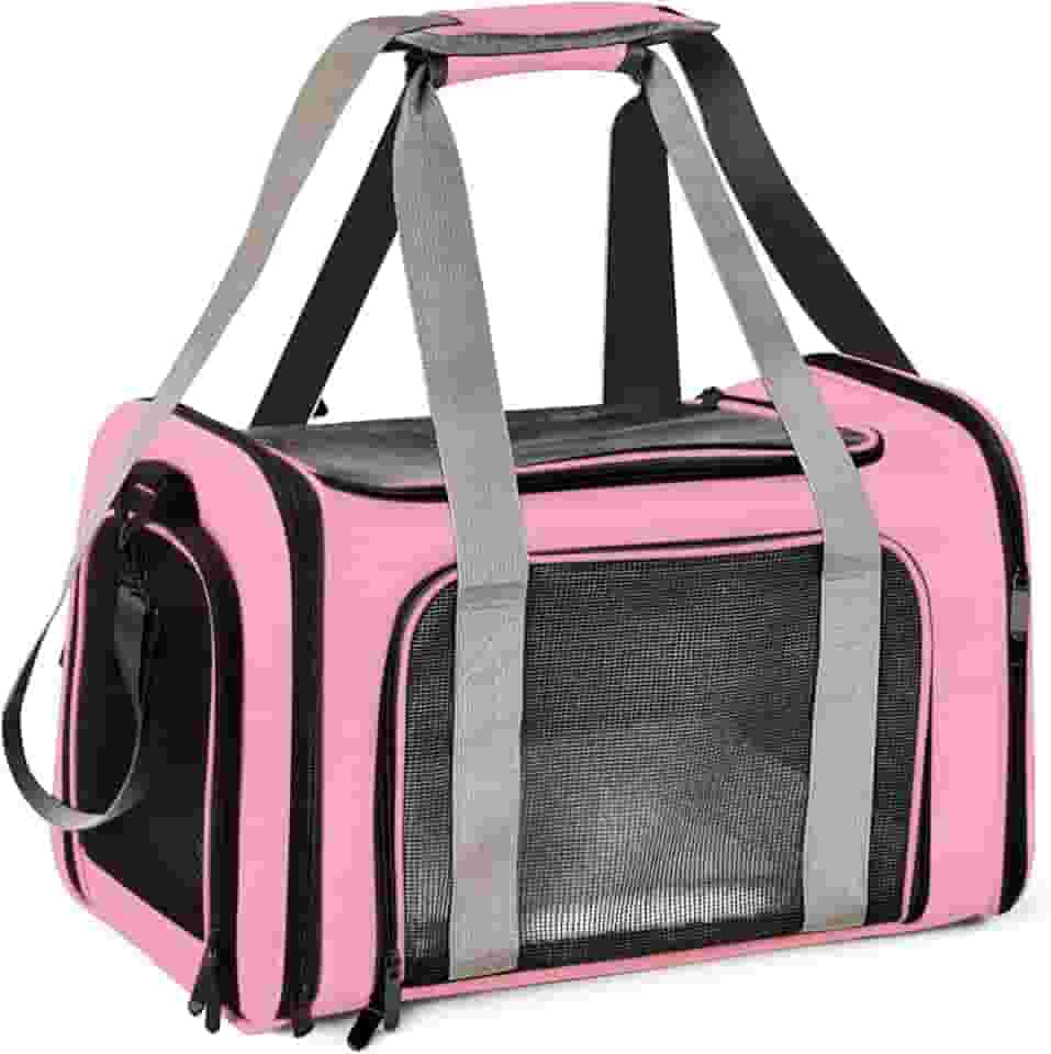 Bolsa Transporte Pet Ventilação em 4 lados 42 * 26 * 27 cm Não Se Deforma Facilmente Bolsa Transporte Pet Avião com Zíper liso Portátil + Bolsa de Mão Python Fly Rosa