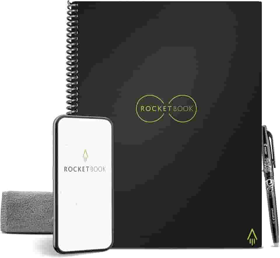 Rocketbook Caderno reutilizável inteligente com 1 caneta Pilot Frixion e 1 pano de microfibra, 21,5 x 27,9 cm, Infinity Black