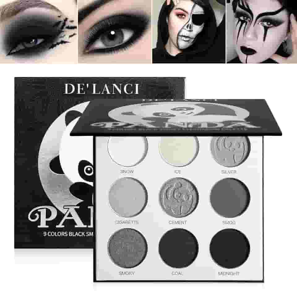 ecofavor Paleta de sombras pretas esfumaçadas, DE'LANCI PANDA 9 cores preto verdadeiro cinza escuro fumê gótico palete de maquiagem, 9 cores fosco suave brilho alto pigmentado básico preto branco