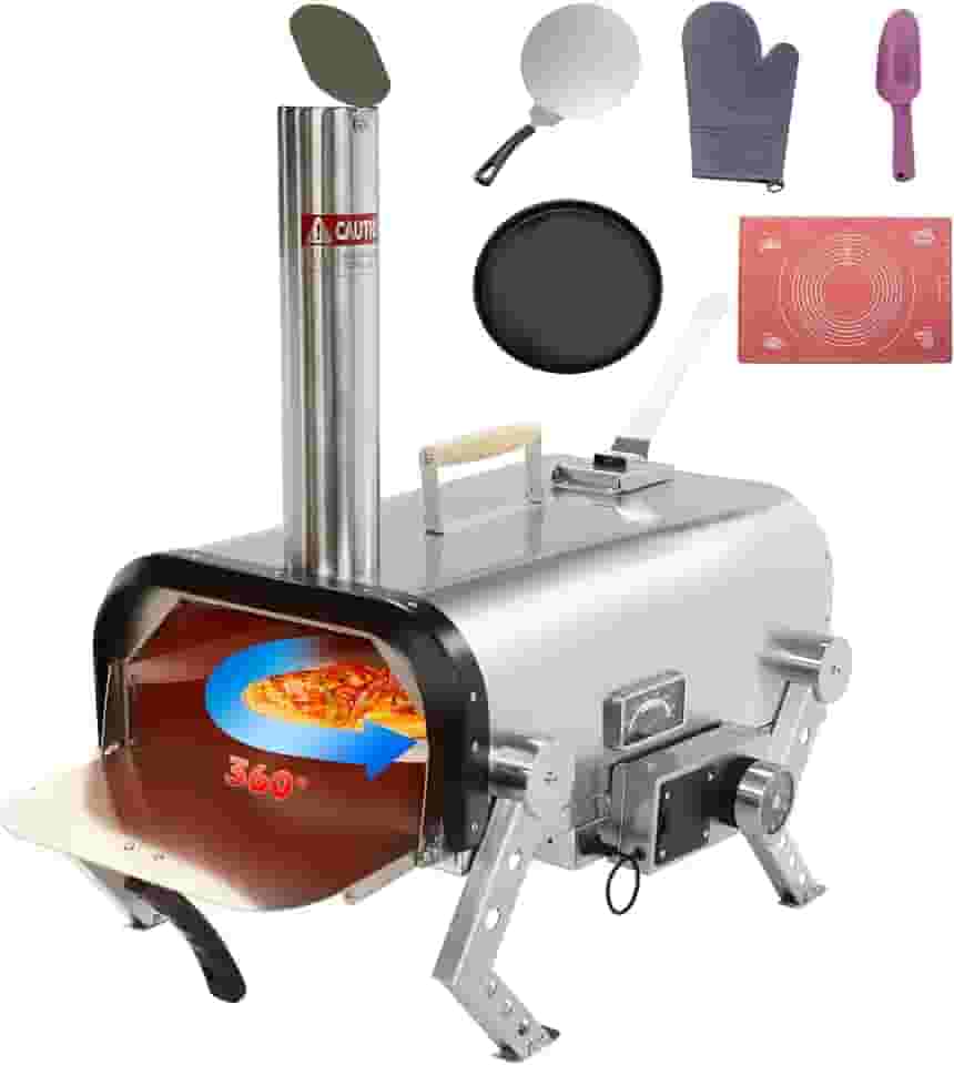 Forno de pizza ao ar livre de aço inoxidável, fogão de pizza a lenha com pedra de pizza giratória automática de 30 cm, churrasqueira portátil para festas de quintal, acampamento e piqueniques