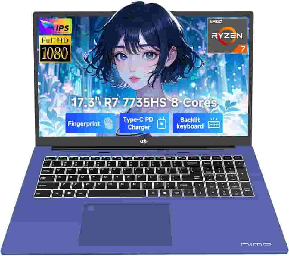 NIMO 17.3" Business-Laptop, Ryzen 7 7735HS (8C/16T), 32GB RAM 2TB NVMe SSD, Radeon 680M for Light Gaming, PD 100W Type-C WiFi-6E BT5.2 Fingerprint Unlock Backlit Keyboard for Working & Student