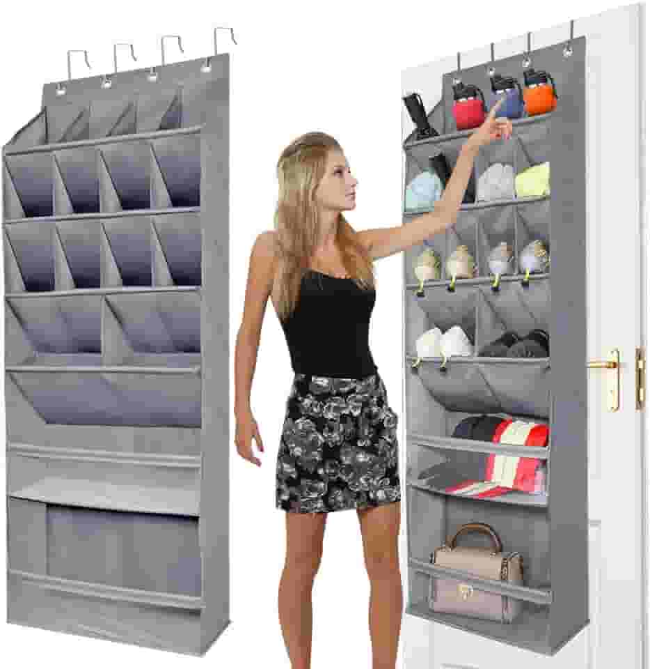 Organizador de sapatos sobre a porta com bolsos grandes e profundos，Sapateira para Porta Estreita, Suporte para Sapatos Multifunções para Porta de Armário de Dormitório, 16 Bolsos Cinza