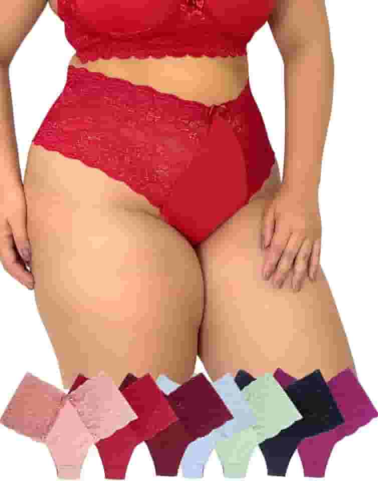Kit 5 Calcinhas Plus Size Microfibra e renda Poliamida com Renda Lingerie Feminina Cintura Alta