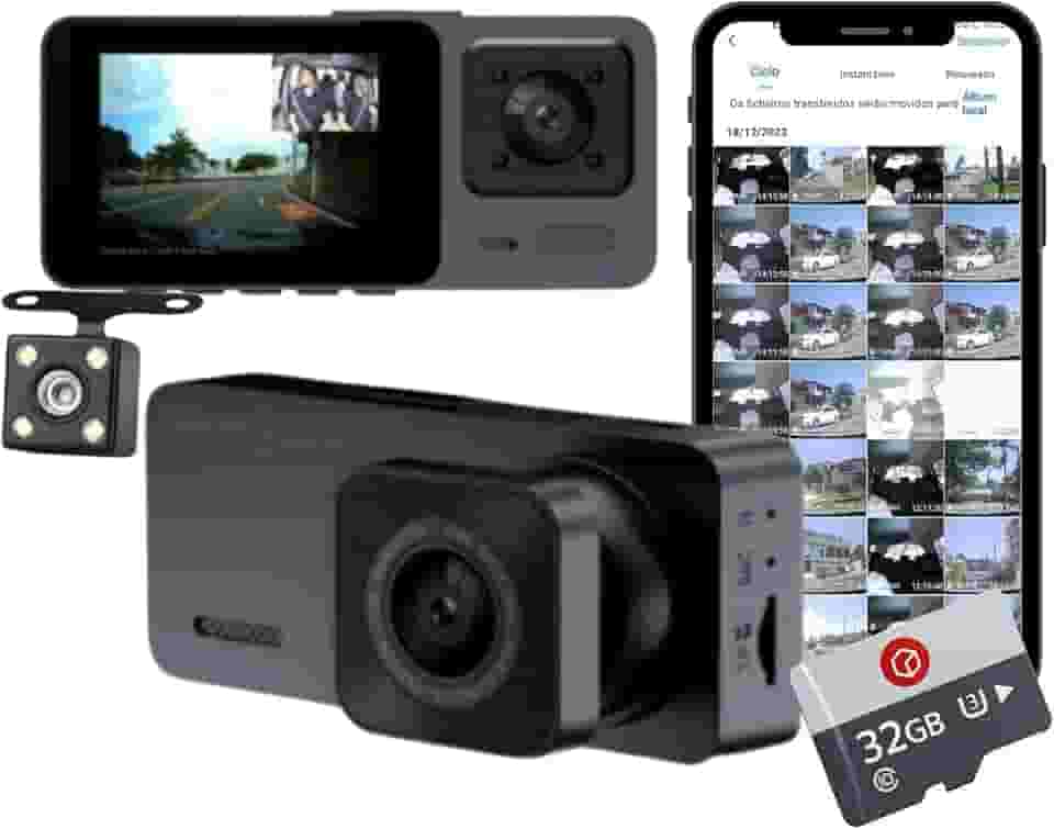 Black Box GP3 - Câmera Veicular, Wifi, Tripla (Frontal + Interna + Traseira), FULL HD, Visão Noturna + Cartão 32GB (Dashcam Automotiva Carro Uber)