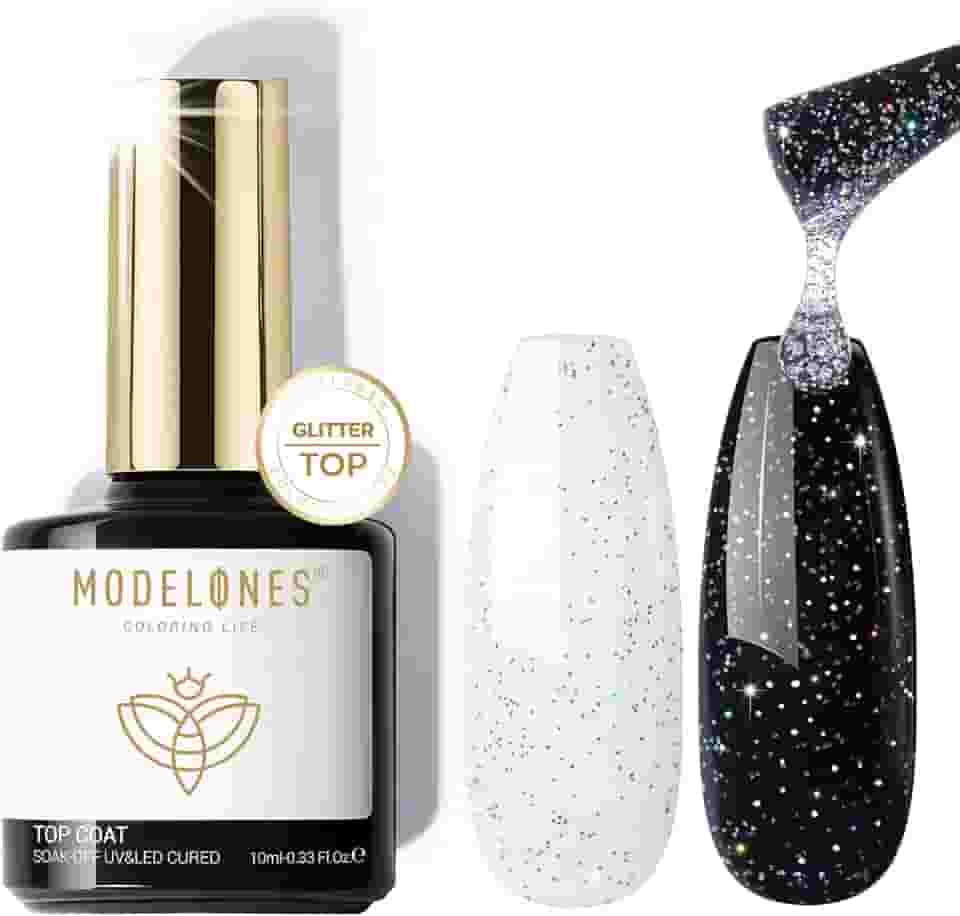 modelones Top coat de gel com glitter, mistura de prata iridescente, esmalte de gel com glitter, acabamento brilhante de longa duração, esmalte de arco-íris brilhante, presente de arte de unha, 10 ml