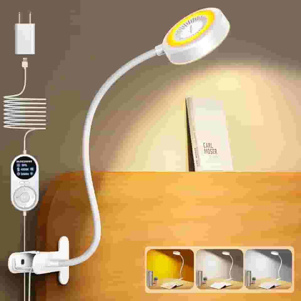 Glocusent Luz de leitura de 72 LEDs 5W com clipe para cama, luminária de cama para cuidados com os olhos, 3 cores e 5 níveis de brilho para cabeceira com adaptador, perfeita para ler, trabalhar e