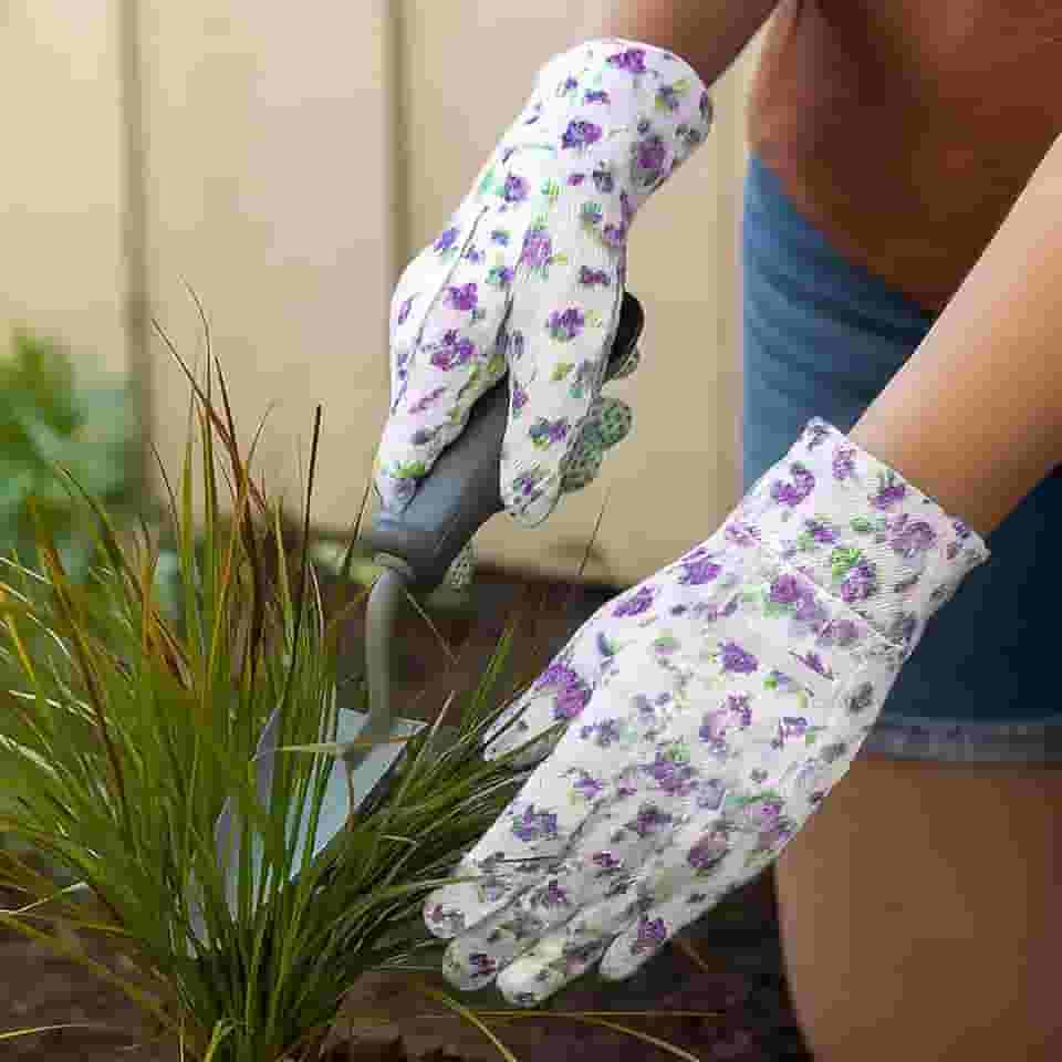 Luva de jardinagem, luvas antiderrapantes à prova de espinhos com estampa floral, resistentes a perfurações e respiráveis para jardim ao ar livre (roxa)