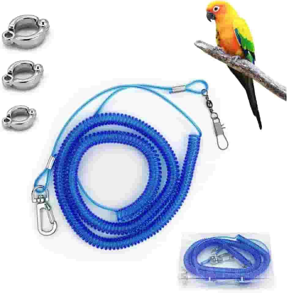 Coleira voadora de papagaio, corda de treinamento de 5 metros com anel de pé de pássaro de 3 tamanhos, cordão elástico antimordida para calopsitas, pássaros, pombos (azul)