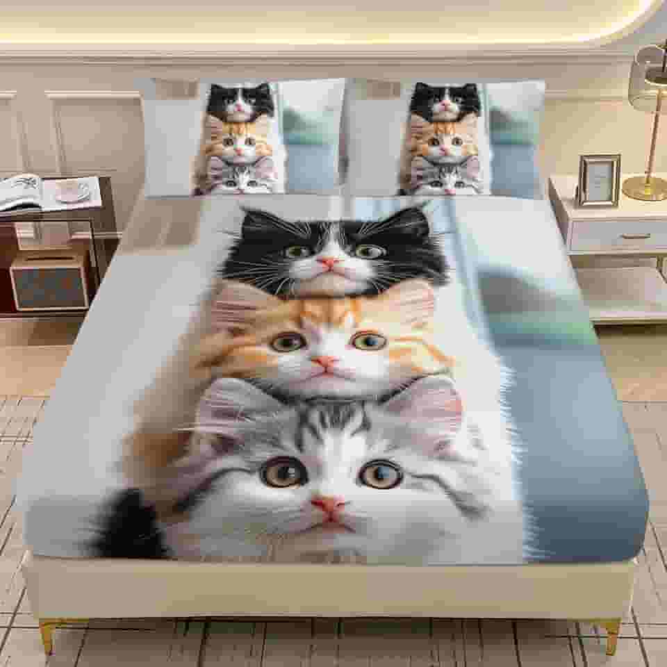 AILONEN Jogo de lençol kawaii Queen com tema de gato, gatinho fofo, para crianças, meninos e meninas, lençol com bolso profundo com 2 fronhas, 3 peças