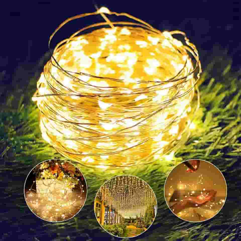 Luz de Fada 10 Metros 100 LEDs Quente, Decoração Natal Pisca Pisca, Casamento, Festa, Quarto, Varanda, Cordão Luminoso Ambiente Fio Cobre Enfeite Casa Jardim Piscina Cortina Balada