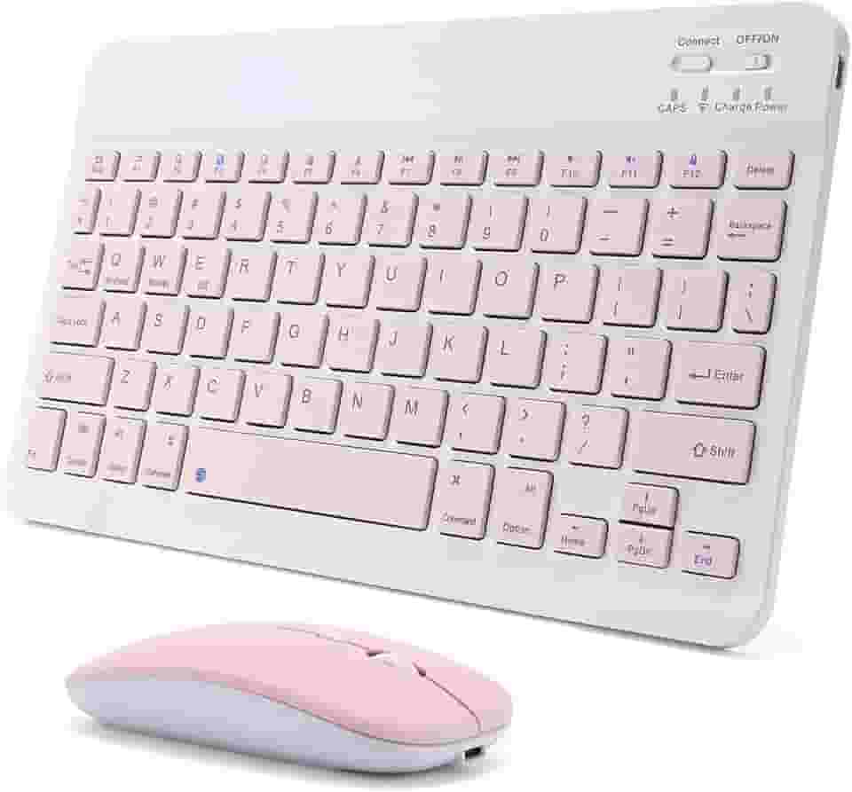 Combo de teclado e mouse Bluetooth recarregável para iPad, teclado de mouse portátil ultrafino sem fio para iPad Pro Air Mini, iPhone, Samsung, tablet, celular, Android, iPadOS/iOS 13 e acima (rosa)