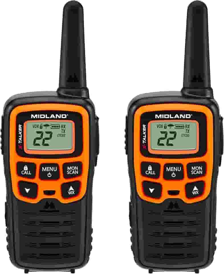 Midland - Walkie-Talkie T51VP3 X-TALKER Spotting and Recovery Walkie-Talkie de longo alcance - Rádio FRS bidirecional para crianças caravanas com NOAA Weather Scan + Alerta, 38 códigos de privacidade - preto/laranja - pacote com 2