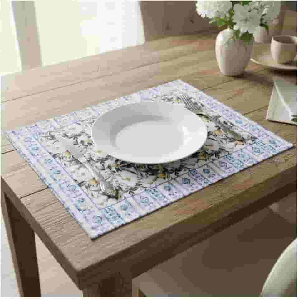 Jogo Americano de tecido Kit com 6 peças Retangular Jantar Mesa Posta Natal (6, FLORAL AZUL)