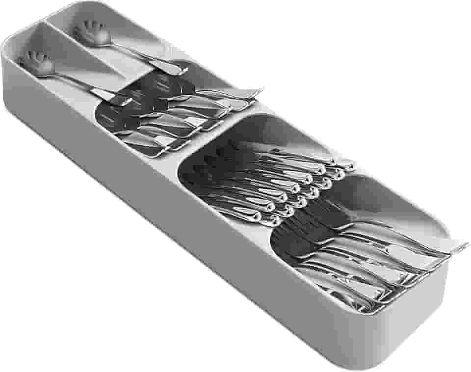 Organizador de Talheres para Gaveta de Cozinha em Plástico Reforçado Cinza – Bandeja Organizadora com Divisórias Internas para Facas, Garfos e Colheres – Leve, Durável e Fácil de Limpar