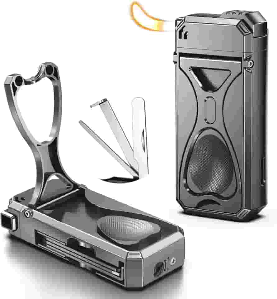 Isqueiro de cachimbo, isqueiro 4 em 1 com suporte de tubo, 3 ferramentas dobráveis de limpeza de tubos, butano recarregável, conjunto de cachimbos masculino presente (cinza)