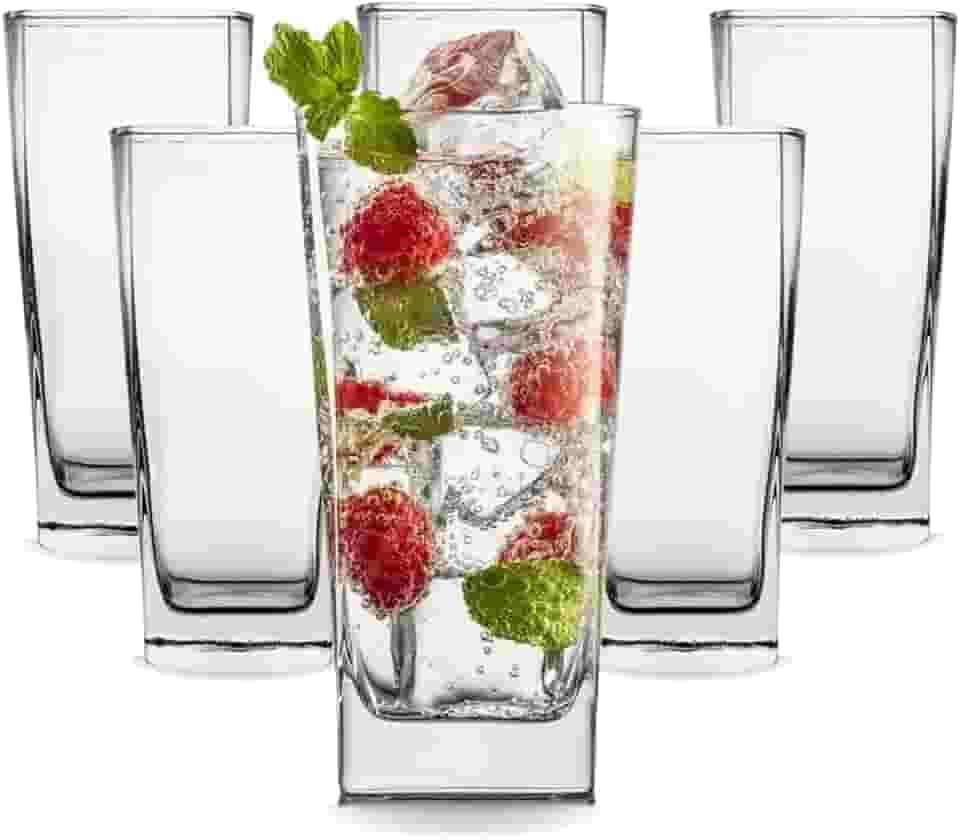 Conjunto 6 Copos Altos de Vidro Square Transparente 250Ml Para Suco Agua Refri Drinks Moderno Luxoso Mesa Posta