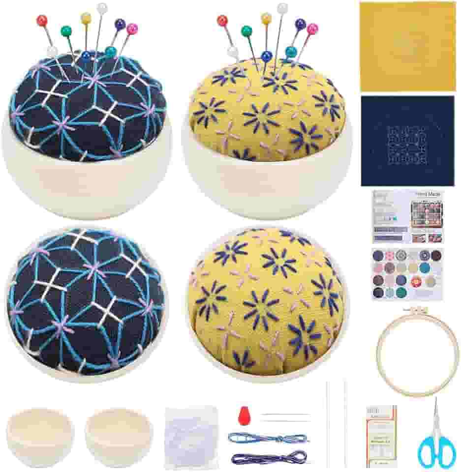 WEBEEDY 2 Sets DIY Sashiko Pin Cushion Kit Wooden Base Pin Cushions for Sewing Sashiko Thread and Needles Hand Embroidery Kit Japanese Traditional Style Needle Holders for DIY Crafts(Blue,Yellow)