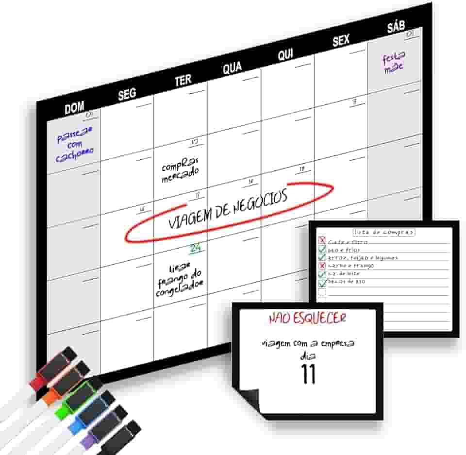 Quadro branco Imã de geladeira planner mensal magnético para geladeira jogo com calendário mensal grande e dois quadros para anotações/coisas a fazer/compras com 6 marcadores magnéticos incluídos.