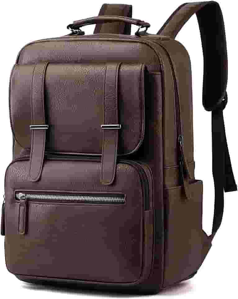 Mochila de Couro Sintético para Adulto, Cabe Notebook de 15,6 Polegadas