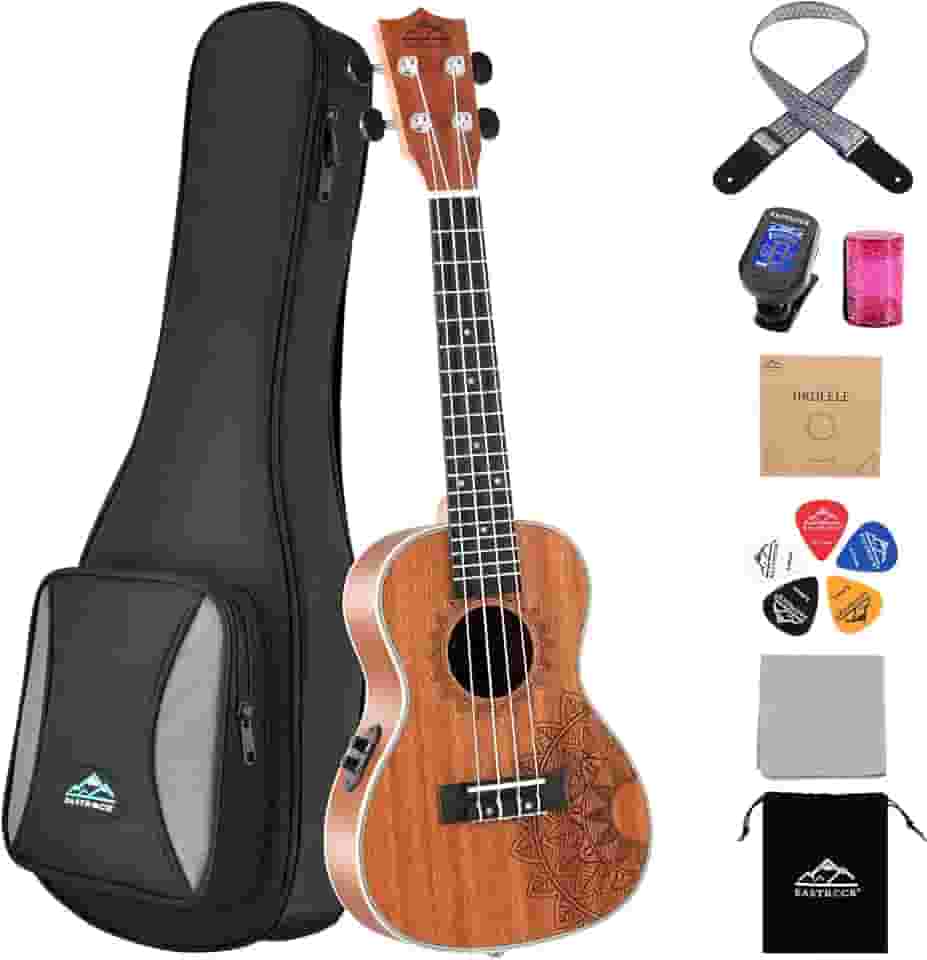 EASTROCK Ukulele de concerto Ukelele Sapele para iniciantes Equalizador Elétrico Embutido Kit de Embalagem Grande de 58 cm. Ukulele Ukalalee Adequado para adultos, iniciantes. (23-Sapele-EQ)