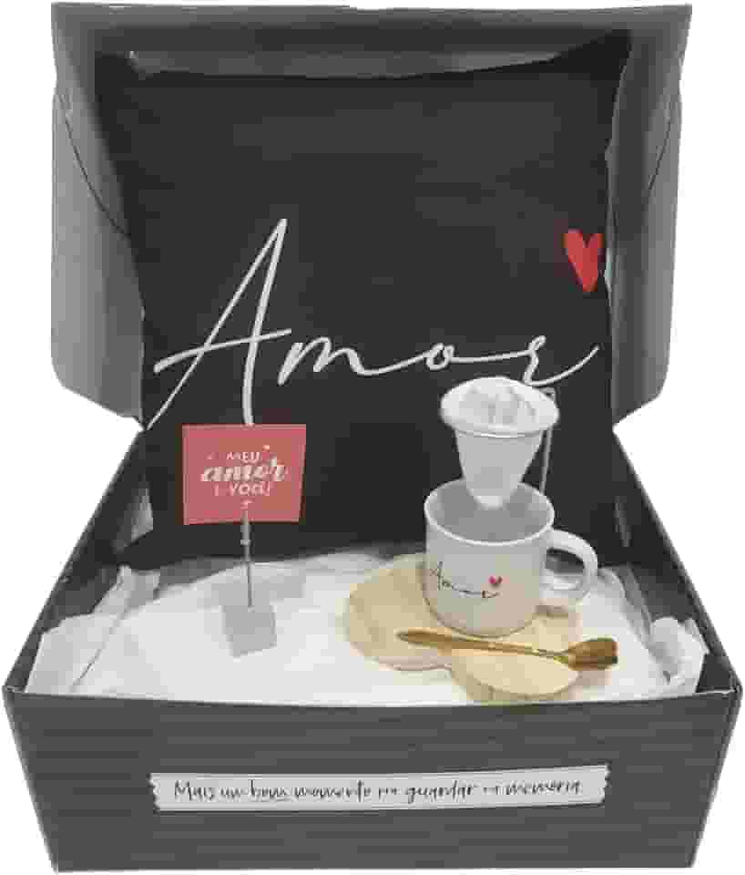Super Kit Presente Dia Namorados Almofada Caneca Mini Coador Café Individual (Preto)