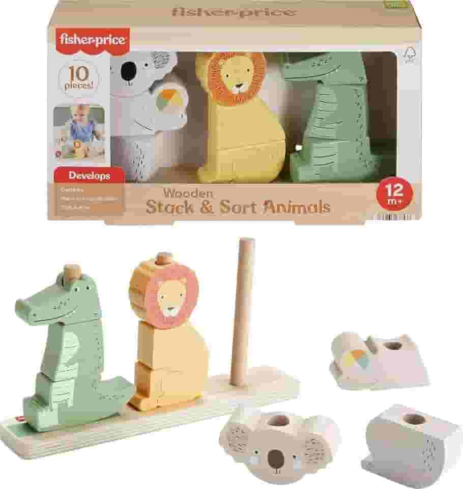 Fisher-Price, Brinquedo de Madeira com 9 Formas de Animais para Empilhar e Classificar, Mattel