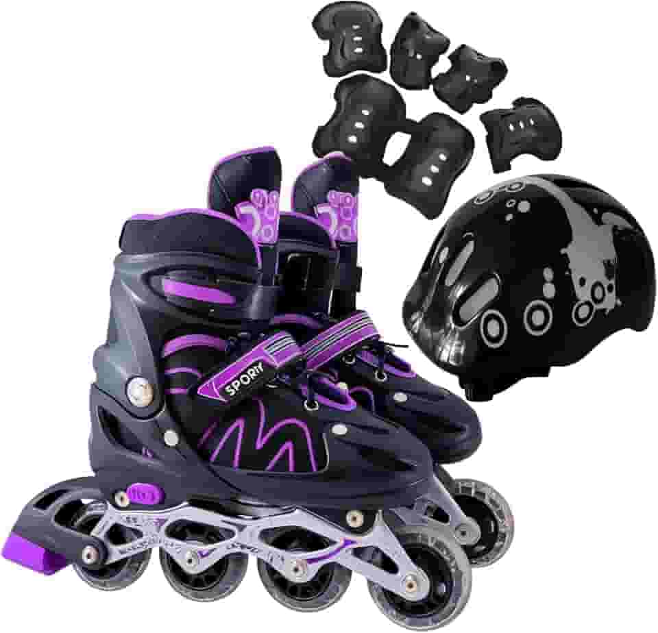 Patins Roller Inline 4 Rodas Skates Ajustavél com Roda Iluminada Jovens e Adultos, Para iniciantes, Uso Interno e Externo + Kit Completo com Capacete e Proteções
