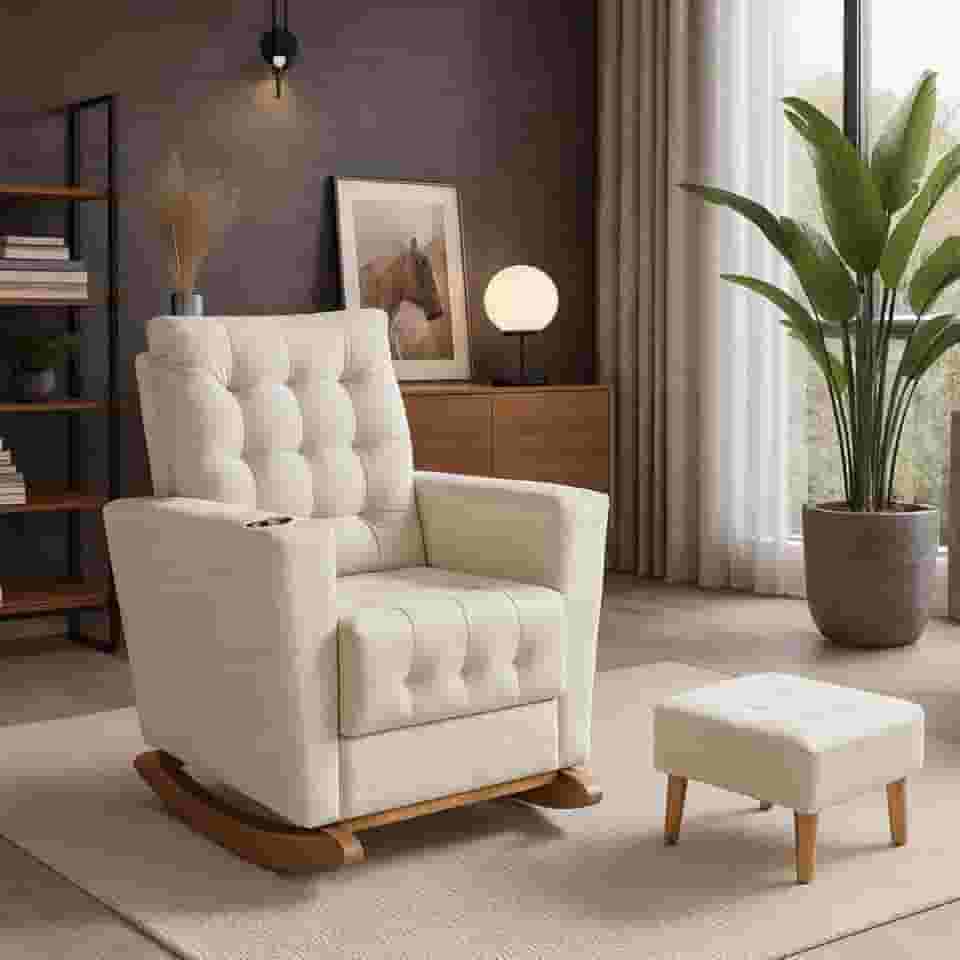 Poltrona Duna Amamentação Balanço e Puff Bege Claro