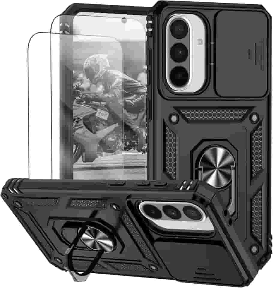 Capa para Samsung Galaxy A56 e A36 Capinha | com 2 peças de protetor de tela temperado com janela deslizante da câmera e suporte para telefone incluídos - Preto