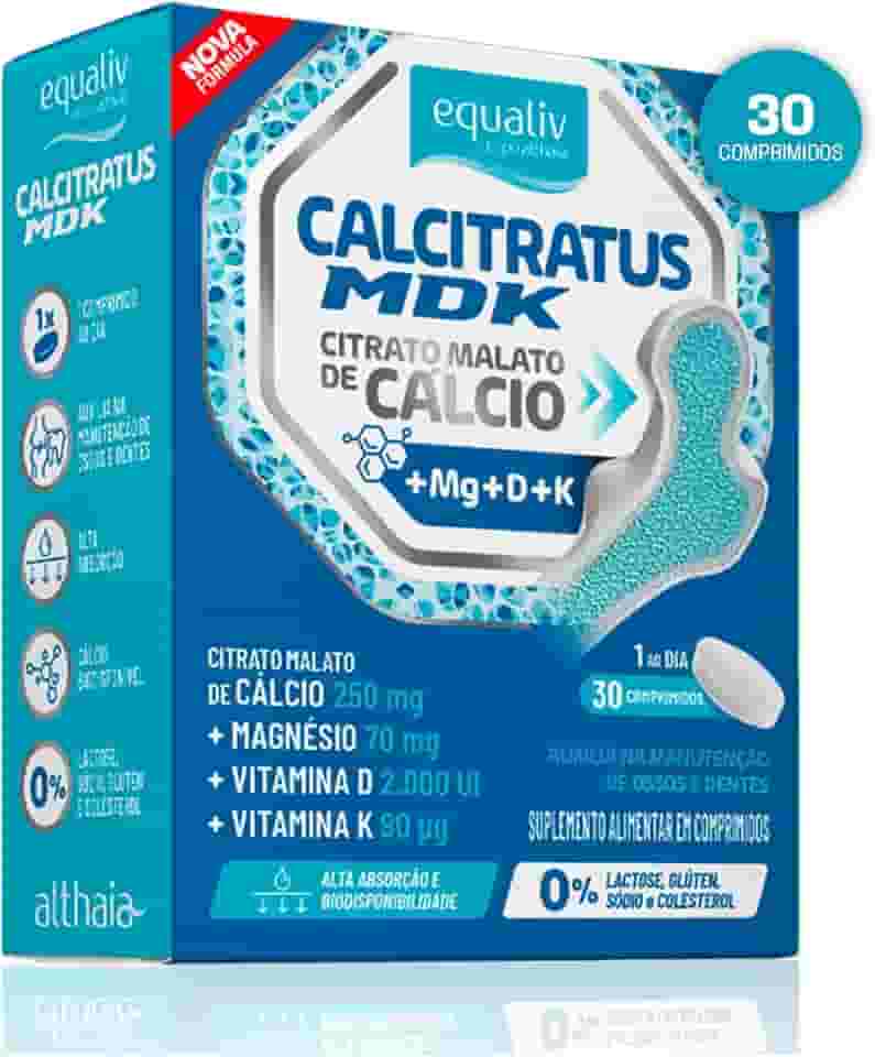 EQUALIV Calcitratus - Citrato Malato de Cálcio + MDK - Suplemento Alimentar em Comprimidos - Biodisponibilidade e Alta Absorção - Zero Açúcares, Glúten e Lactose - 30 Comprimidos